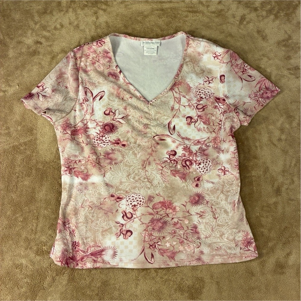 VTG Y2K Worthington Women T-Shirt Large Pink Floral Grunge Fairycore Whimsigoth